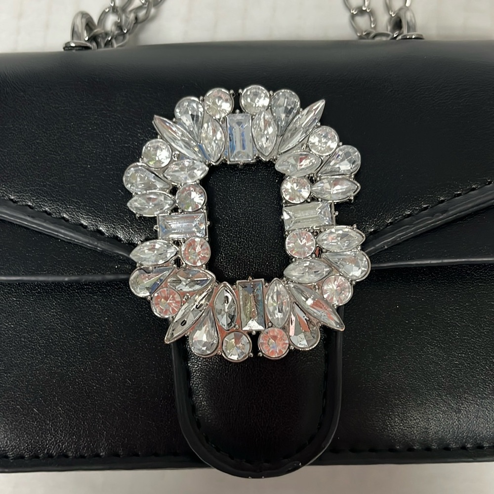 Black leather Rhinestone embellished chain shoulder party Mini Bag night out - Picture 14 of 16